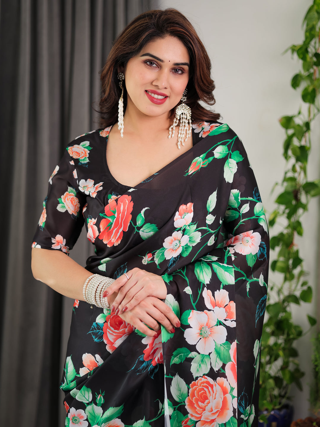 Black Floral Satin Georgette Saree with Multicolor Rose Print & Designer Tie-Back Blouse – Premium Soft Draping Saree