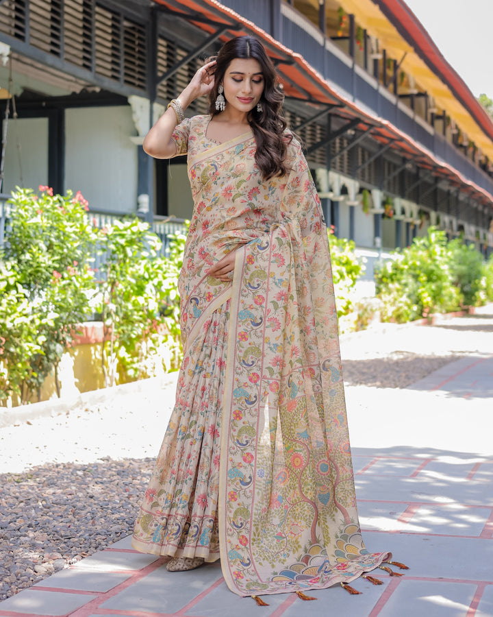 Ivory Beige Handloom Cotton Saree with Multicolor Floral & Peacock Tree of Life Pallu