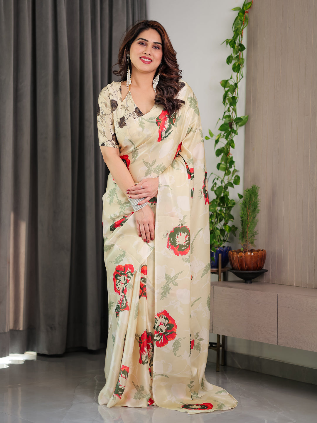 Cream Floral Satin Georgette Saree with Red & Green Artistic Flower Print and Designer Contrast Blouse