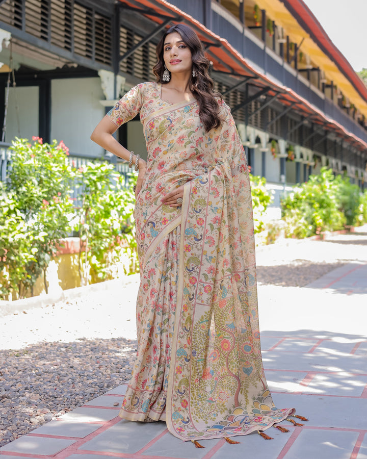 Ivory Beige Handloom Cotton Saree with Multicolor Floral & Peacock Tree of Life Pallu