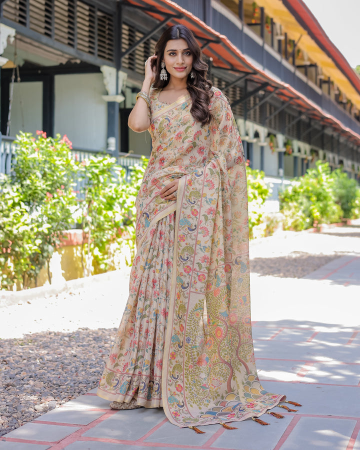Ivory Beige Handloom Cotton Saree with Multicolor Floral & Peacock Tree of Life Pallu
