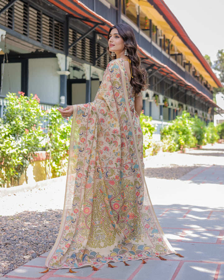 Ivory Beige Handloom Cotton Saree with Multicolor Floral & Peacock Tree of Life Pallu