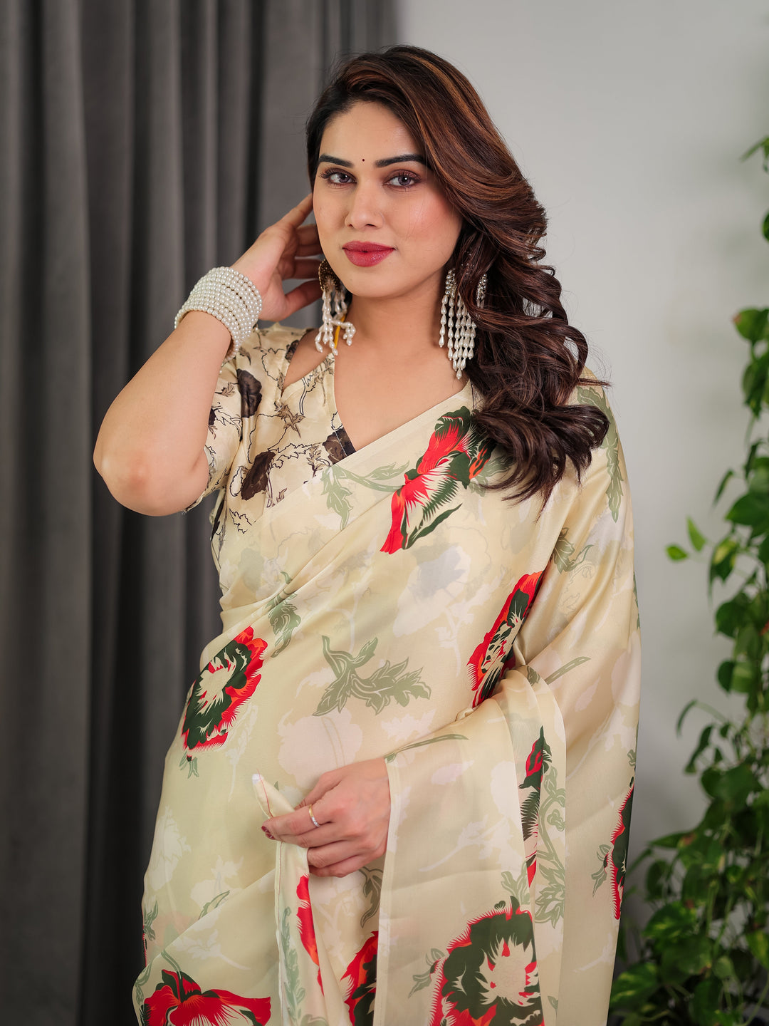 Cream Floral Satin Georgette Saree with Red & Green Artistic Flower Print and Designer Contrast Blouse