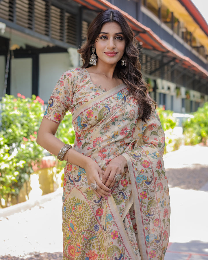 Ivory Beige Handloom Cotton Saree with Multicolor Floral & Peacock Tree of Life Pallu