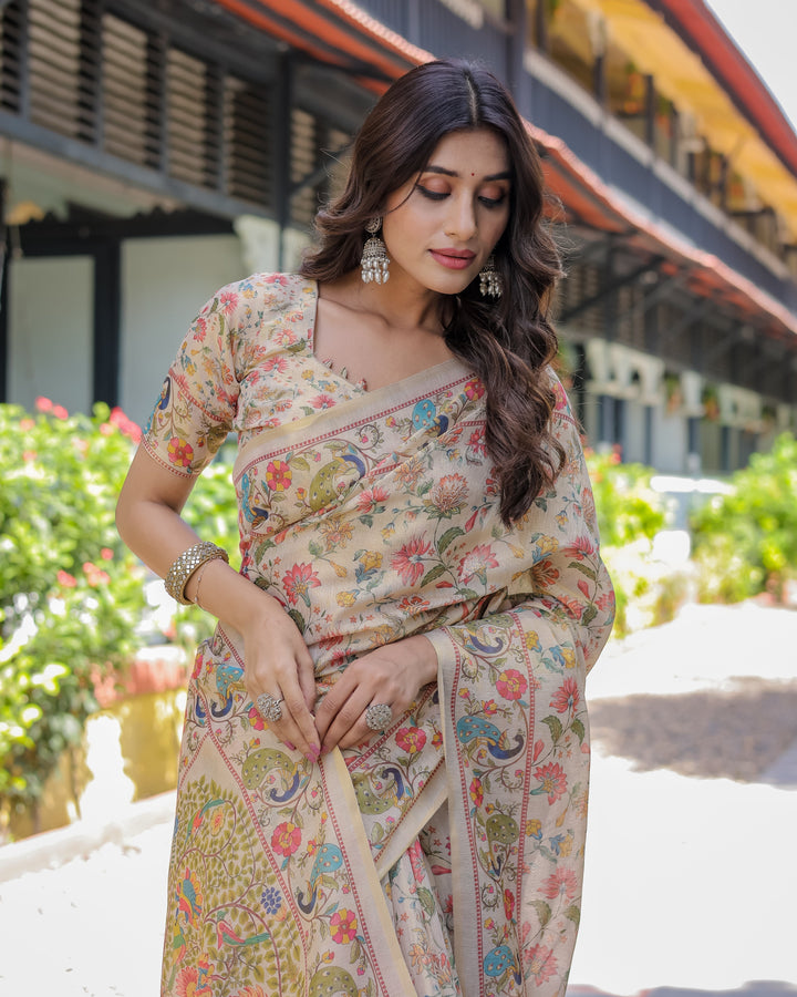 Ivory Beige Handloom Cotton Saree with Multicolor Floral & Peacock Tree of Life Pallu