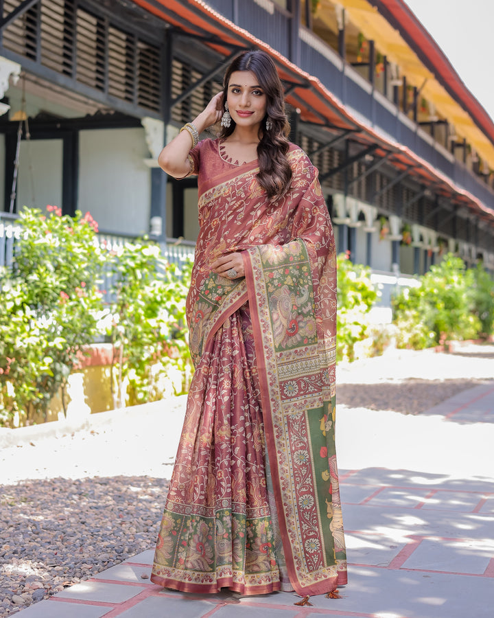 Maroon Handloom Cotton Saree with Intricate Peacock & Floral Art – Contrast Green Pallu