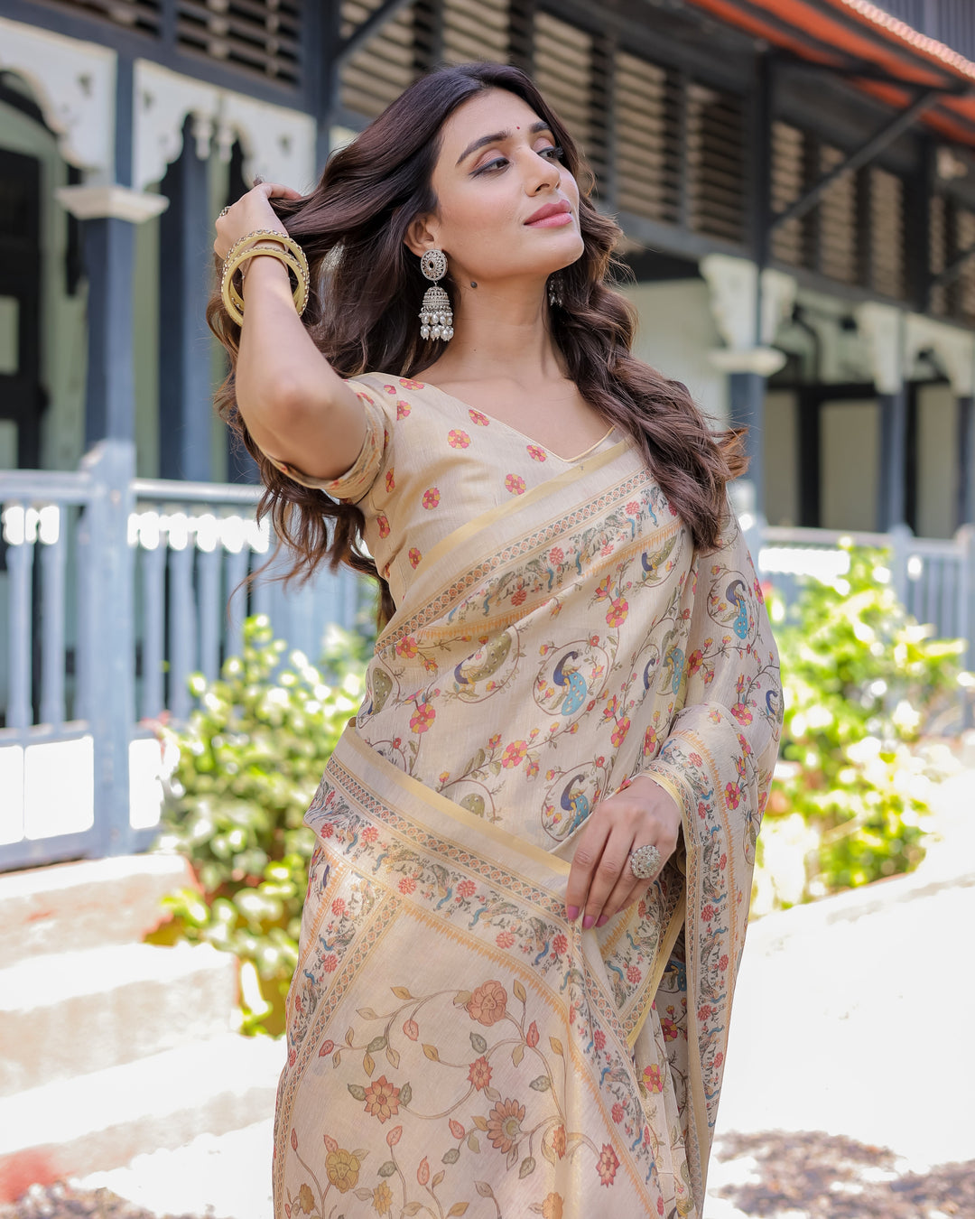 Ivory Cream Handloom Cotton Saree with Peacock & Floral Digital Print