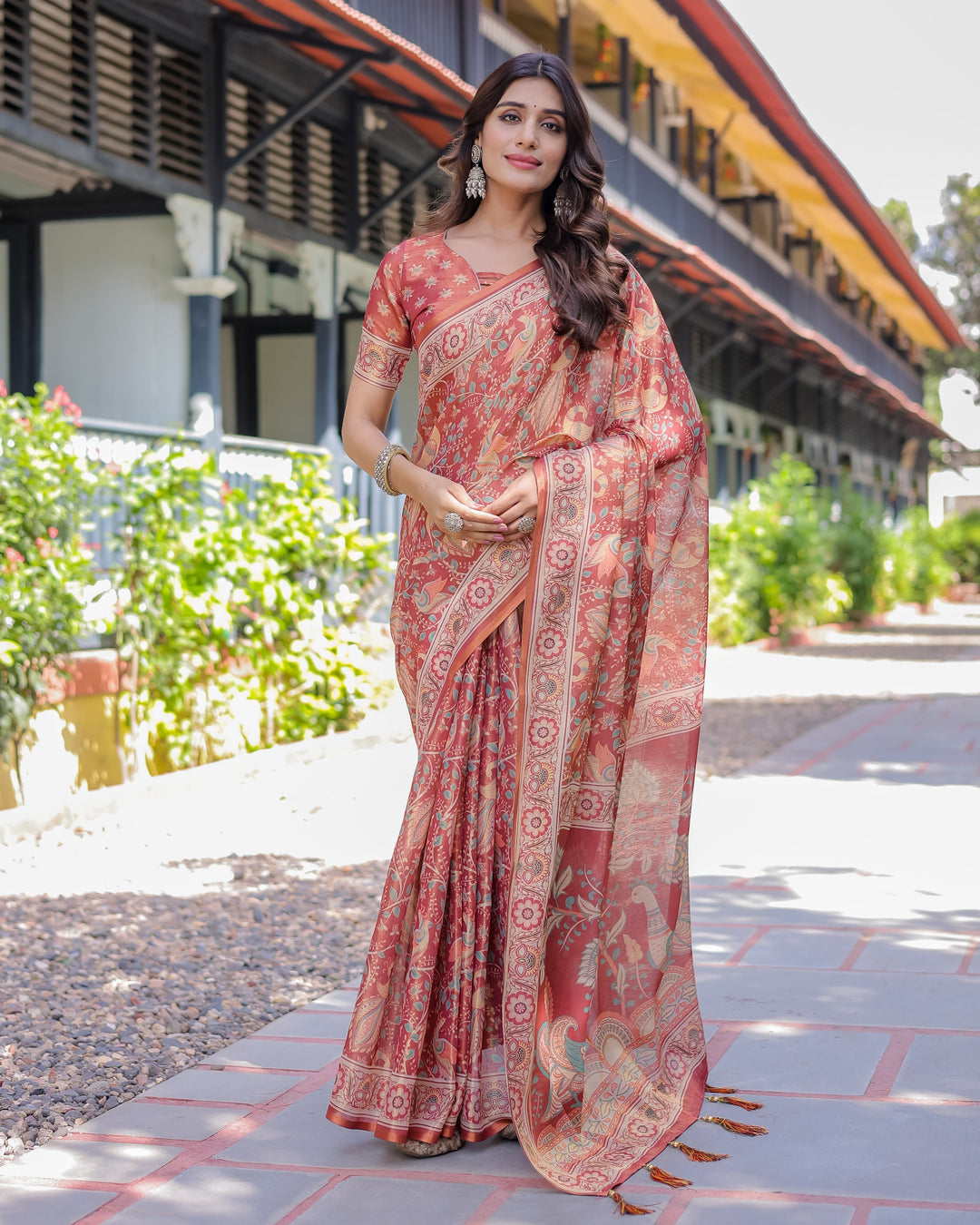 Rust Red Handloom Cotton Saree with Artistic Peacock & Floral Print – Contrast Blouse Included