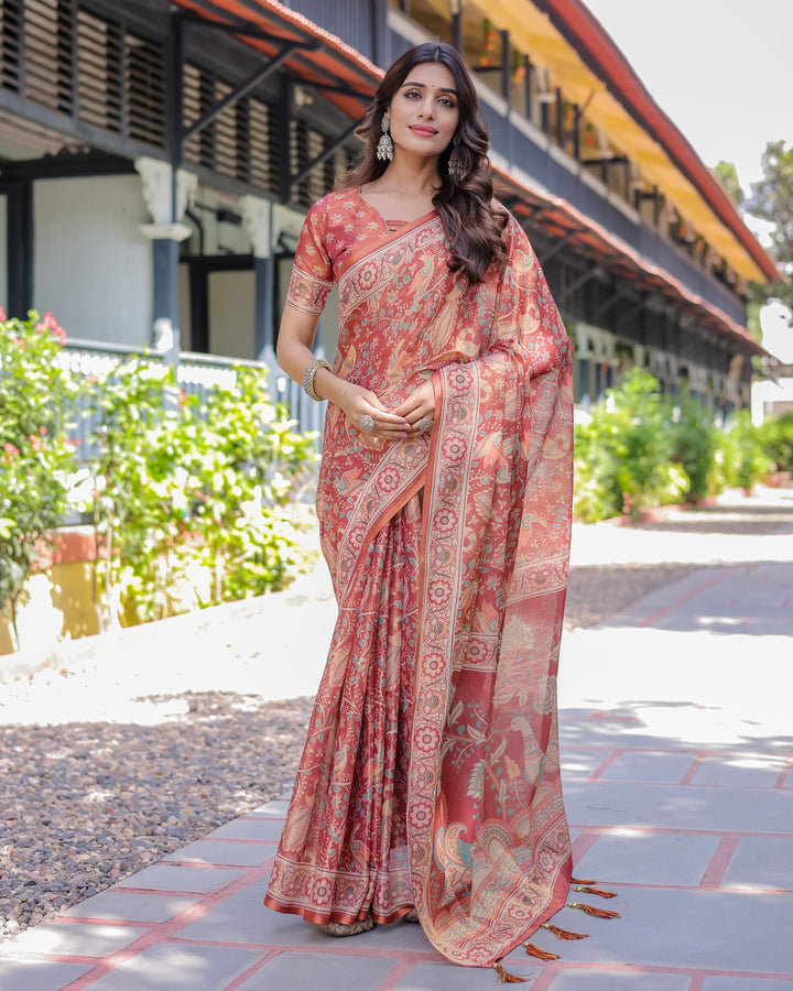 Rust Red Handloom Cotton Saree with Artistic Peacock & Floral Print – Contrast Blouse Included