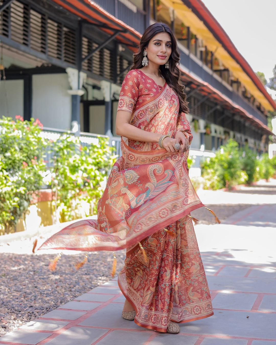 Rust Red Handloom Cotton Saree with Artistic Peacock & Floral Print – Contrast Blouse Included