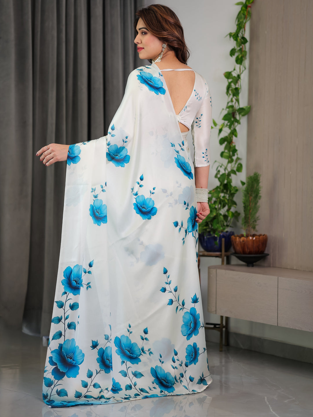 White & Blue Floral Satin Georgette Saree with Watercolour Bloom Print and Designer Back-Tie Blouse
