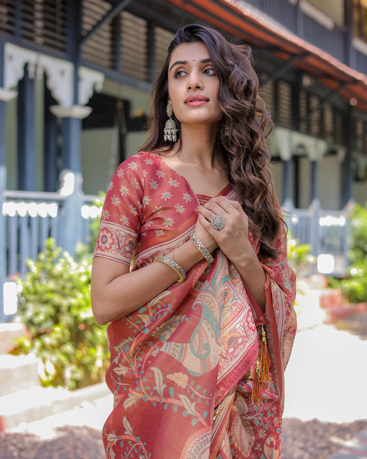 Rust Red Handloom Cotton Saree with Artistic Peacock & Floral Print – Contrast Blouse Included