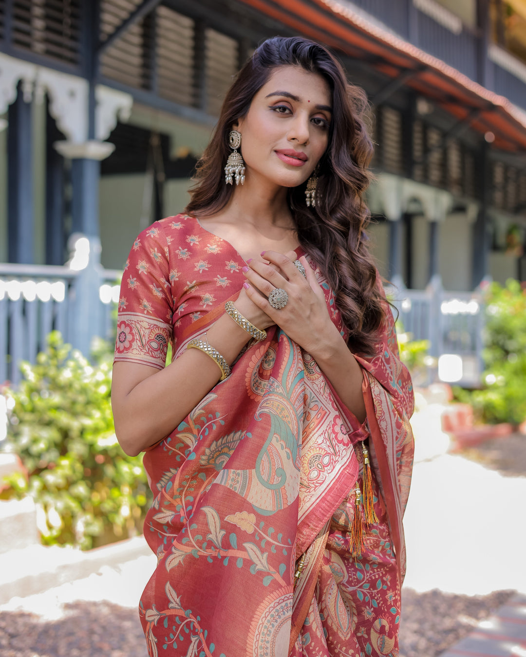 Rust Red Handloom Cotton Saree with Artistic Peacock & Floral Print – Contrast Blouse Included