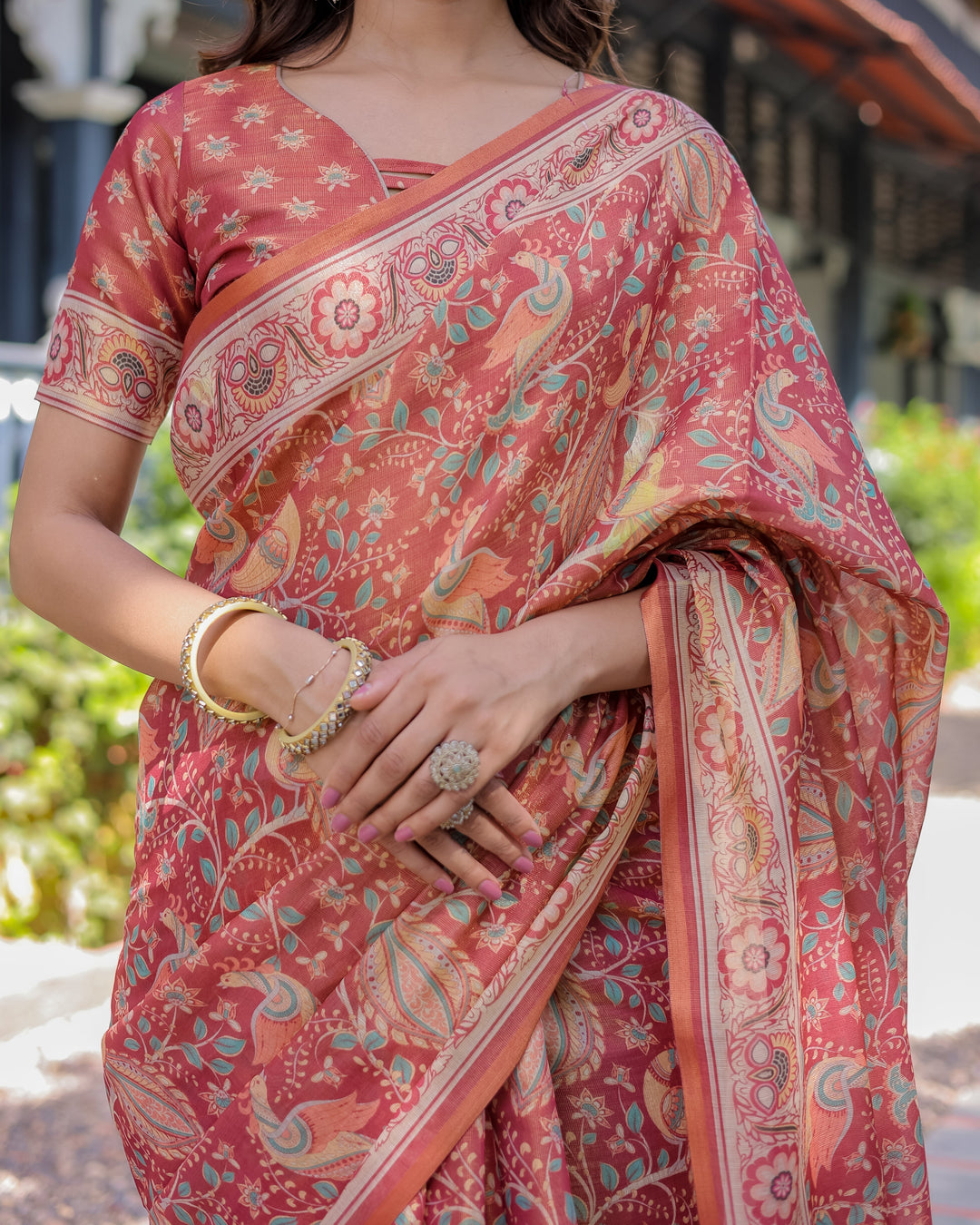 Rust Red Handloom Cotton Saree with Artistic Peacock & Floral Print – Contrast Blouse Included