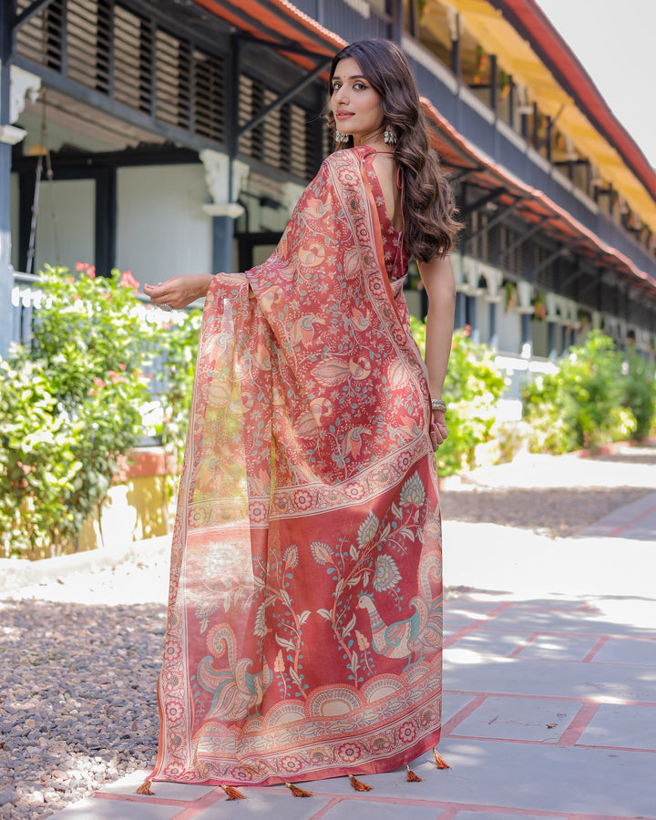Rust Red Handloom Cotton Saree with Artistic Peacock & Floral Print – Contrast Blouse Included