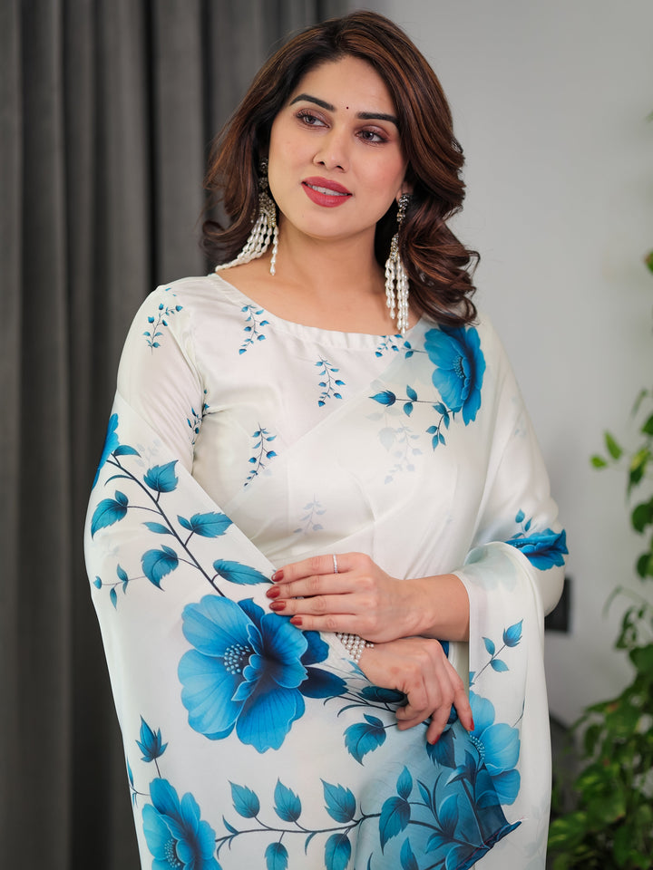 White & Blue Floral Satin Georgette Saree with Watercolour Bloom Print and Designer Back-Tie Blouse