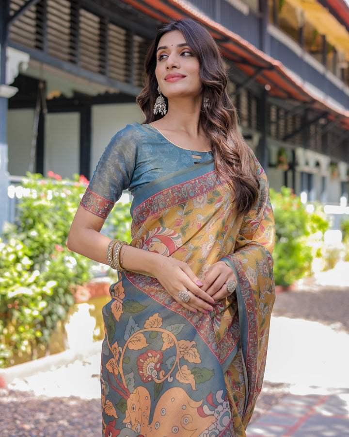 Maroon Handloom Cotton Saree with Intricate Peacock & Floral Art – Contrast Green Pallu