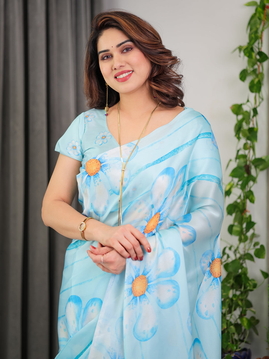 Sky Blue Satin Georgette Floral Printed Saree with Attached Blouse – Lightweight Designer Drape for Festive & Everyday Elegance