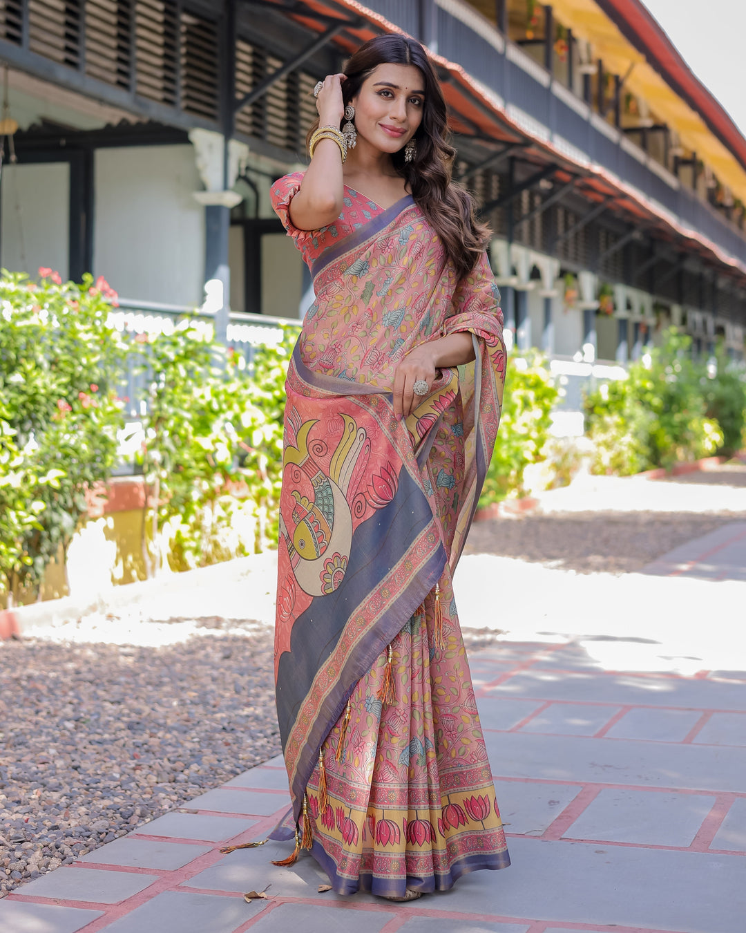 Peach Pink Handloom Cotton Saree with Lotus & Bird Motifs and Navy Border Pallu