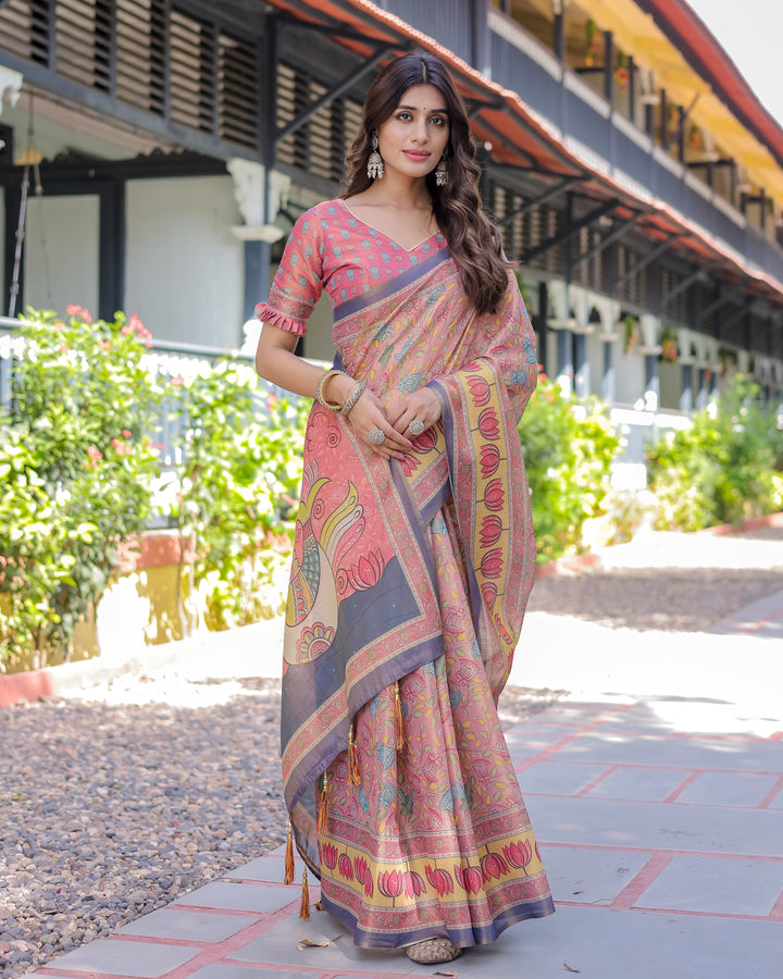 Peach Pink Handloom Cotton Saree with Lotus & Bird Motifs and Navy Border Pallu