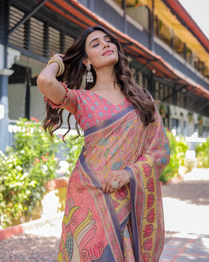 Peach Pink Handloom Cotton Saree with Lotus & Bird Motifs and Navy Border Pallu