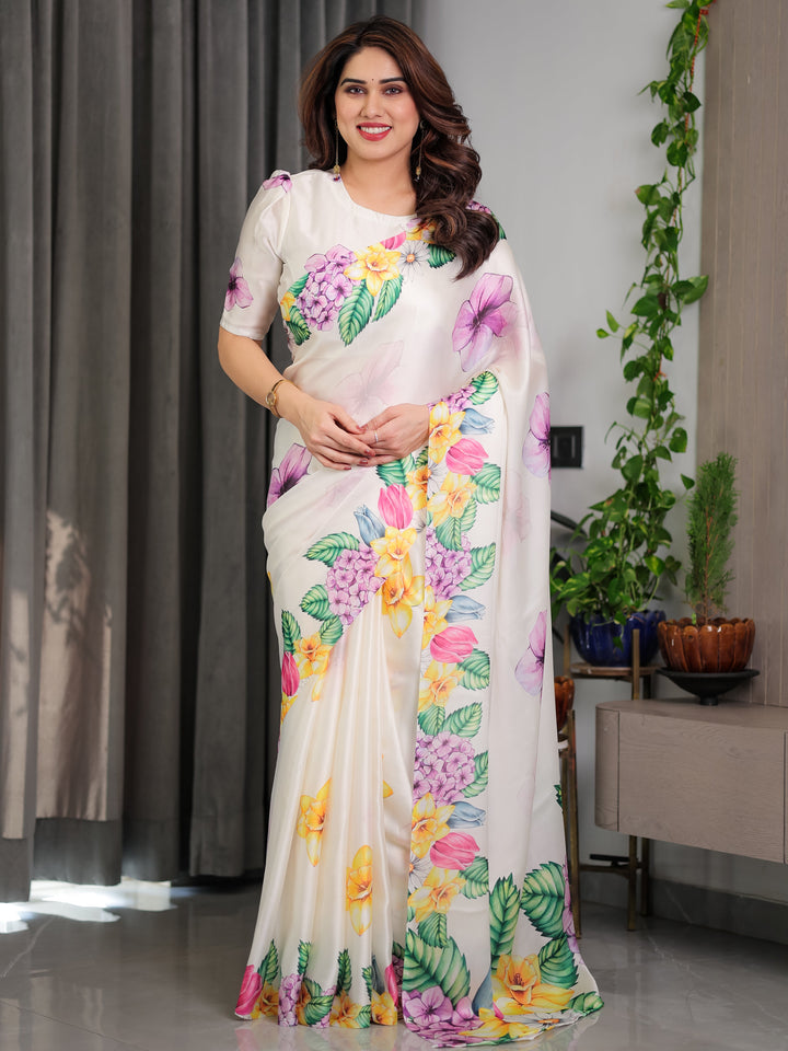 Ivory White Floral Garden Print Satin Georgette Saree with Multicolor Tropical Flowers & Designer Attached Blouse