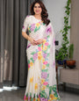 Ivory White Floral Garden Print Satin Georgette Saree with Multicolor Tropical Flowers & Designer Attached Blouse