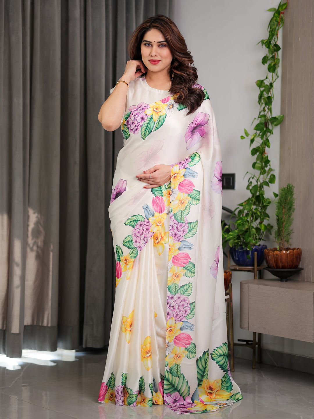 Ivory White Floral Garden Print Satin Georgette Saree with Multicolor Tropical Flowers & Designer Attached Blouse