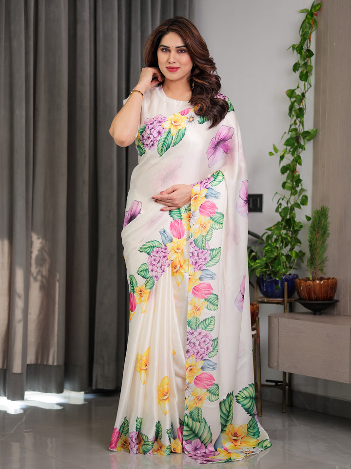 Ivory White Floral Garden Print Satin Georgette Saree with Multicolor Tropical Flowers & Designer Attached Blouse