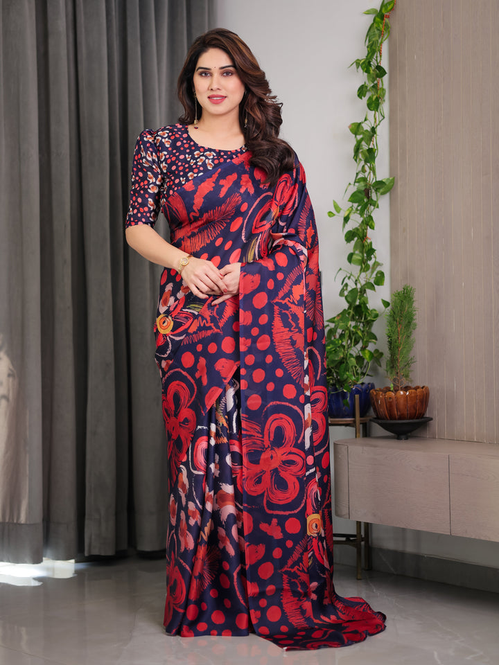 Navy Blue Abstract Floral & Polka Print Satin Georgette Saree with Red Brushstroke Motifs & Designer Attached Blouse