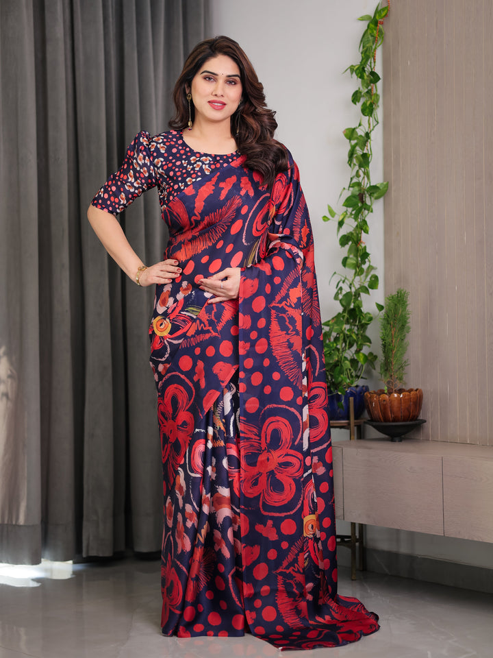 Navy Blue Abstract Floral & Polka Print Satin Georgette Saree with Red Brushstroke Motifs & Designer Attached Blouse