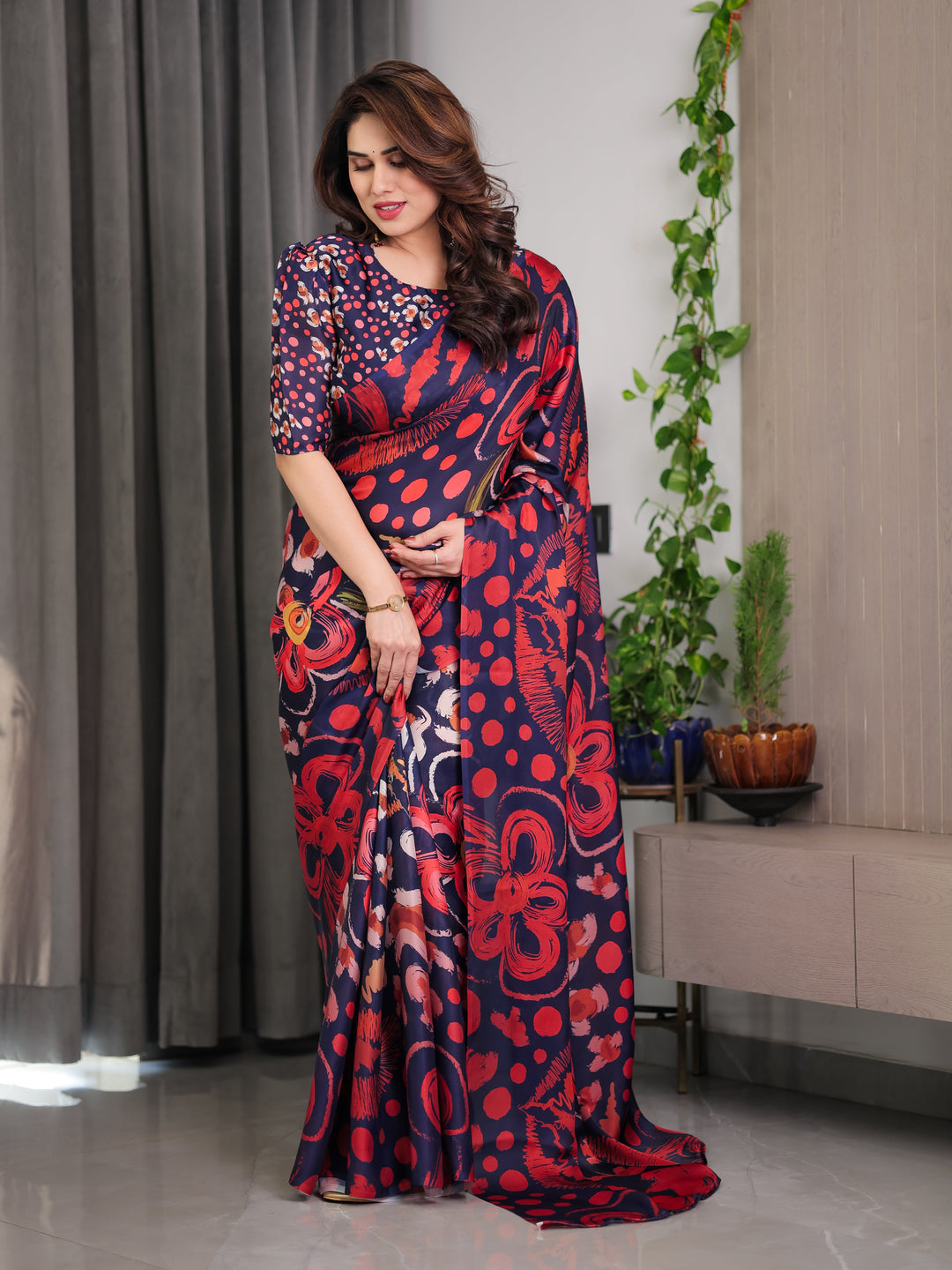 Navy Blue Abstract Floral & Polka Print Satin Georgette Saree with Red Brushstroke Motifs & Designer Attached Blouse