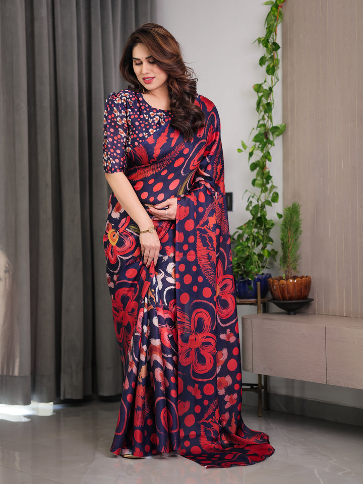Navy Blue Abstract Floral & Polka Print Satin Georgette Saree with Red Brushstroke Motifs & Designer Attached Blouse