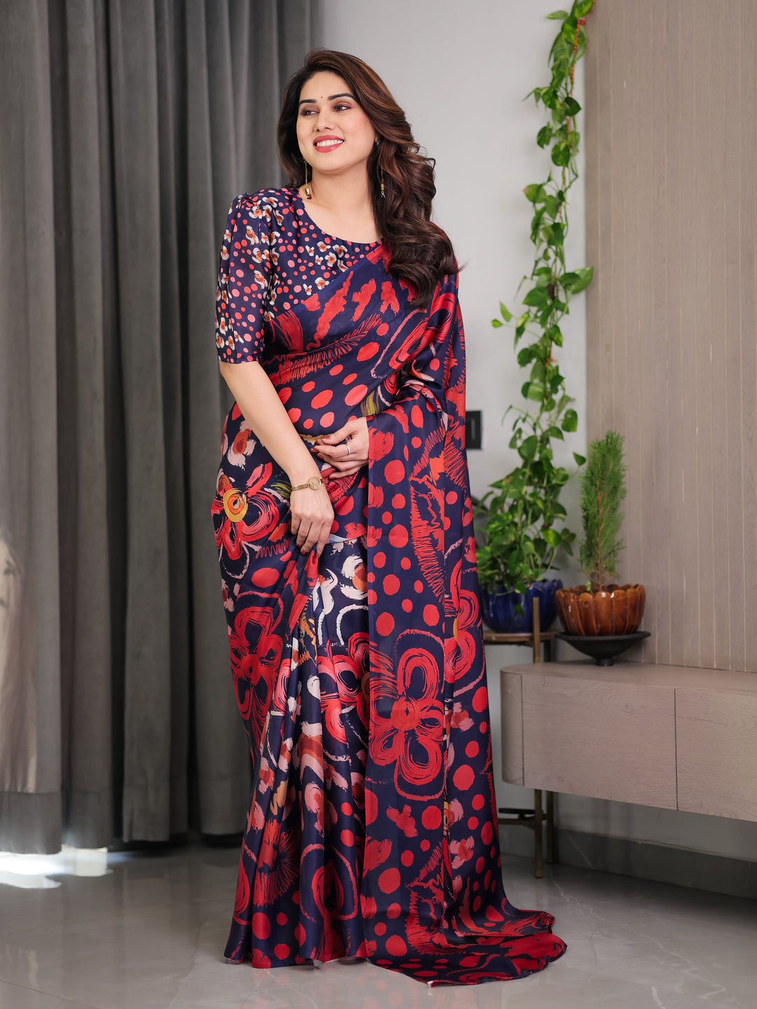 Navy Blue Abstract Floral & Polka Print Satin Georgette Saree with Red Brushstroke Motifs & Designer Attached Blouse