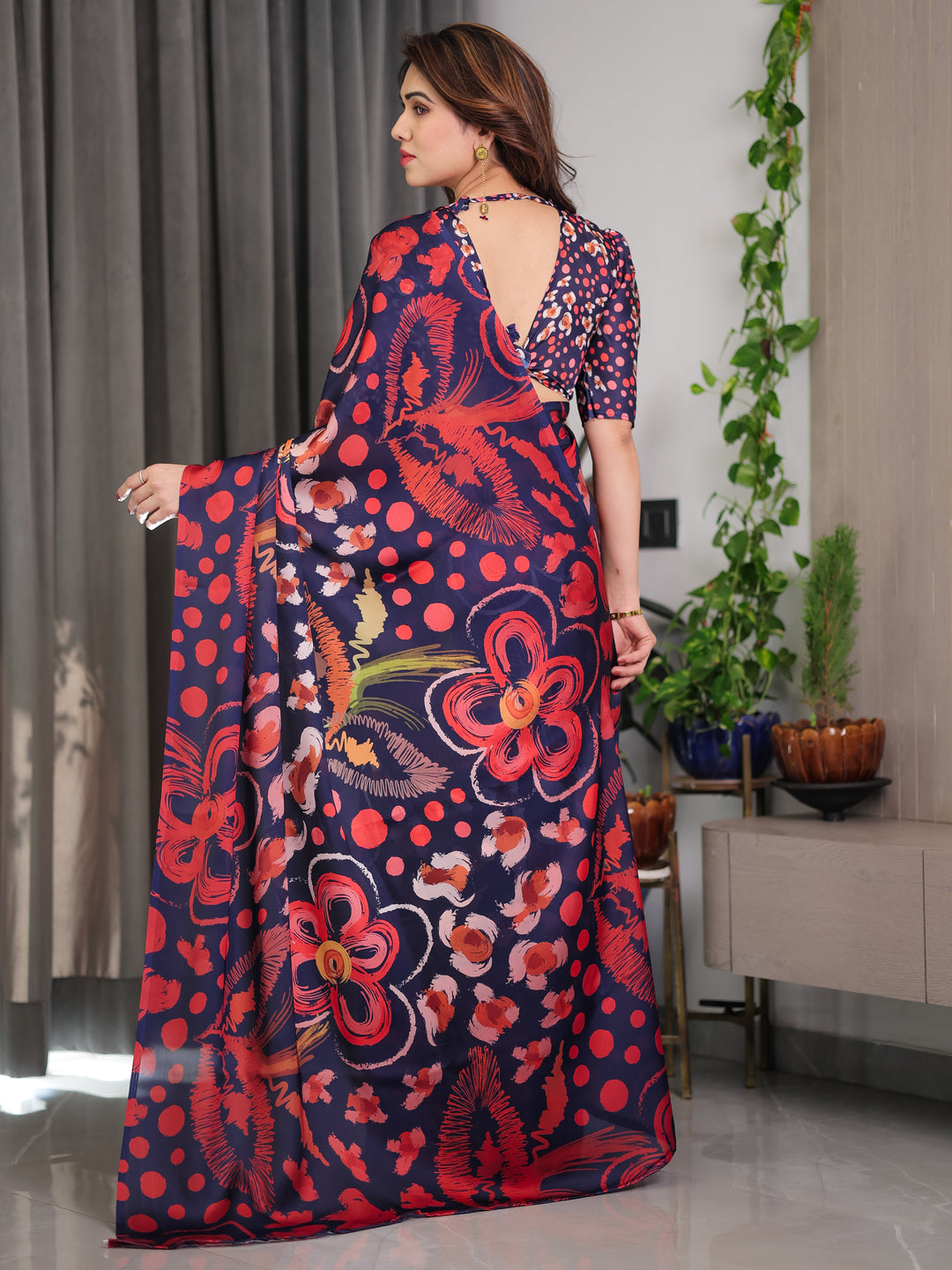 Navy Blue Abstract Floral & Polka Print Satin Georgette Saree with Red Brushstroke Motifs & Designer Attached Blouse