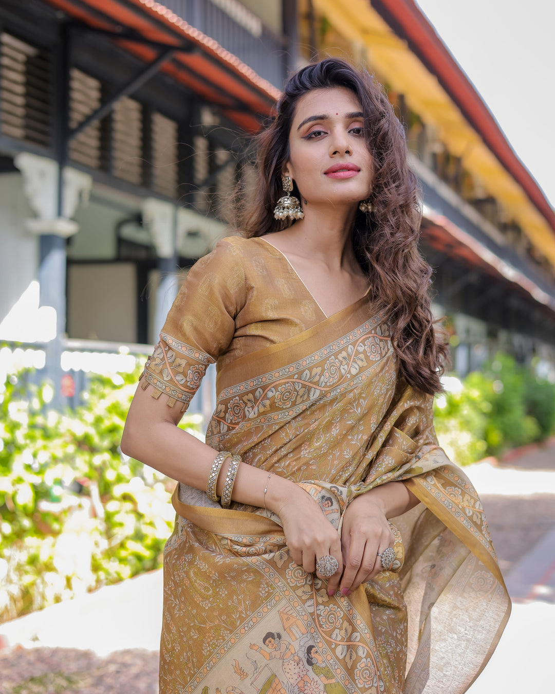 Mustard Brown Pure Handloom Cotton Saree with Village Life Digital Print & Contrast Pallu