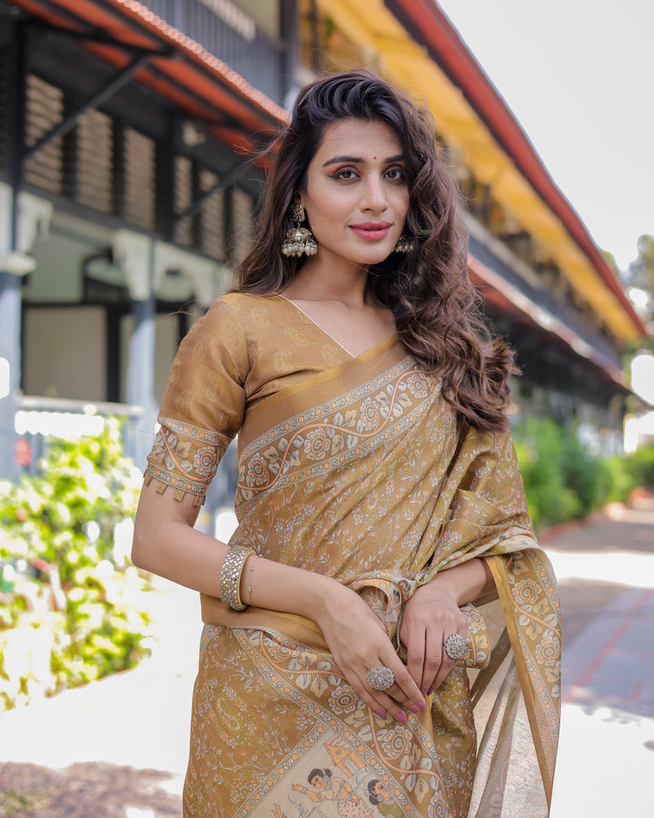 Mustard Brown Pure Handloom Cotton Saree with Village Life Digital Print & Contrast Pallu