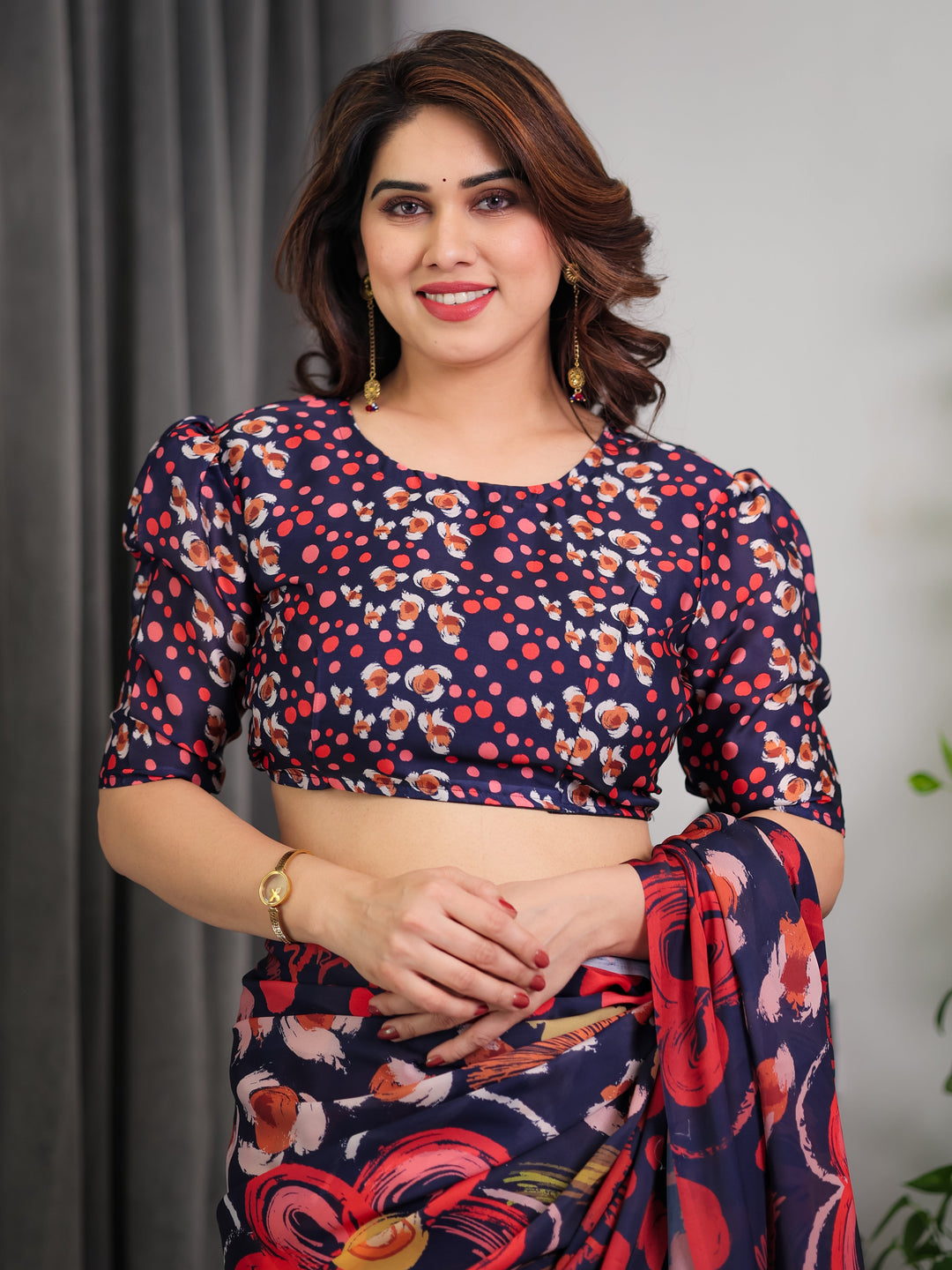 Navy Blue Abstract Floral & Polka Print Satin Georgette Saree with Red Brushstroke Motifs & Designer Attached Blouse