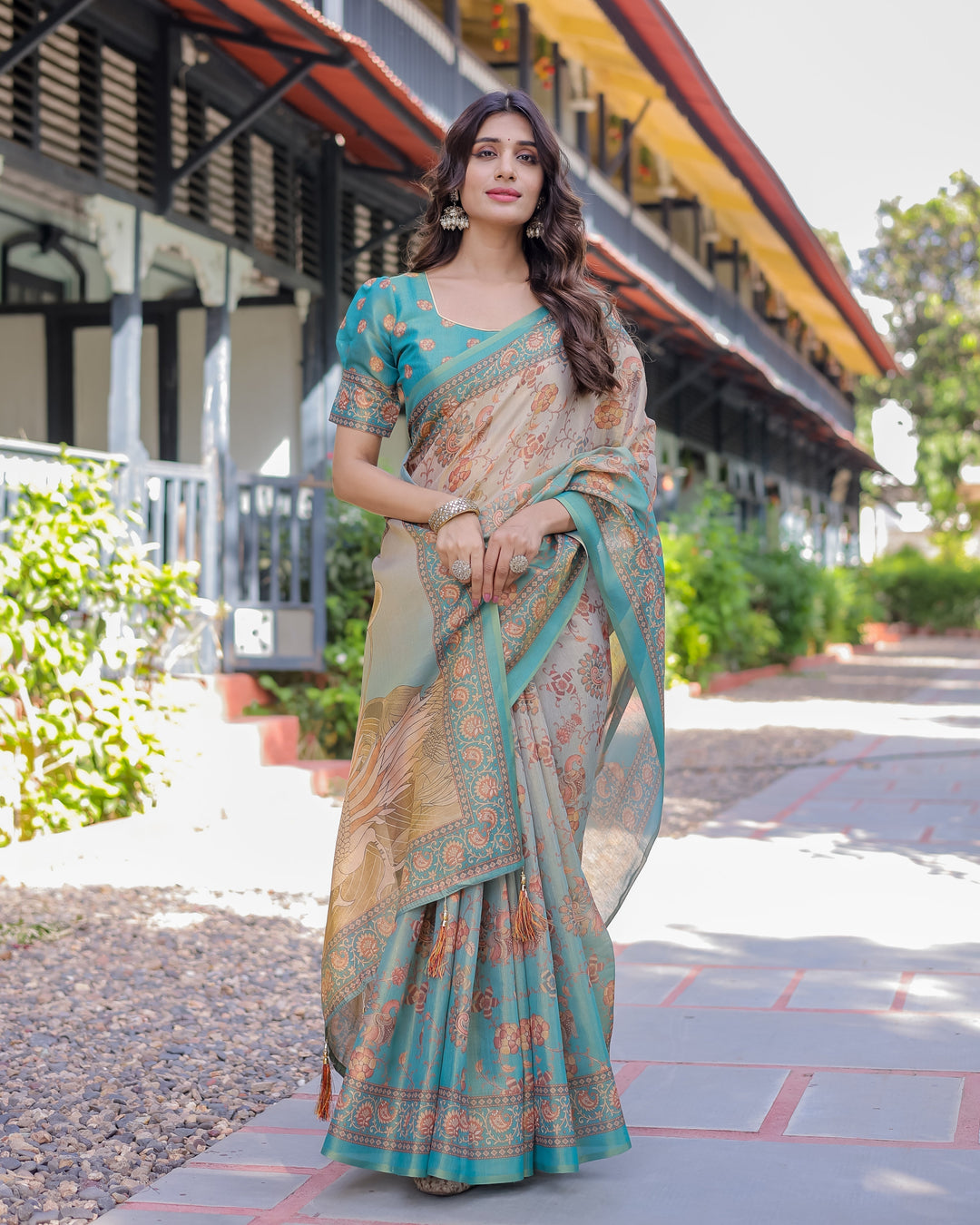 Teal Beige Handloom Cotton Saree with Swan Motif Pallu & Floral Digital Print