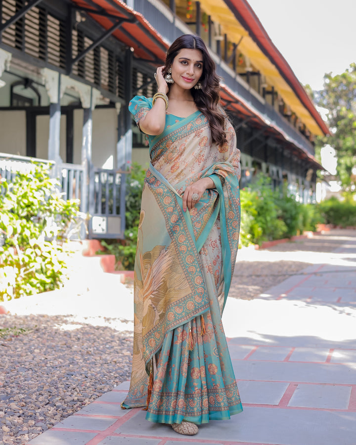 Teal Beige Handloom Cotton Saree with Swan Motif Pallu & Floral Digital Print