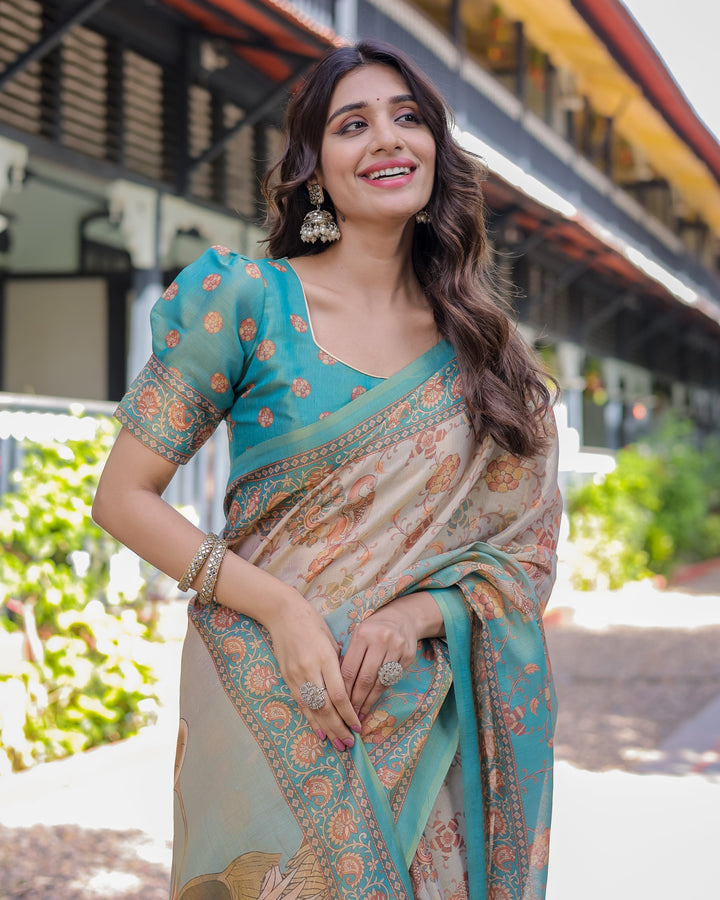 Teal Beige Handloom Cotton Saree with Swan Motif Pallu & Floral Digital Print
