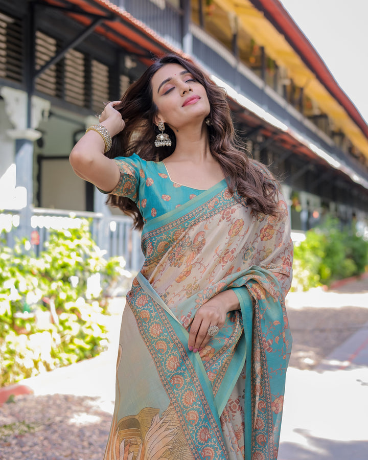 Teal Beige Handloom Cotton Saree with Swan Motif Pallu & Floral Digital Print