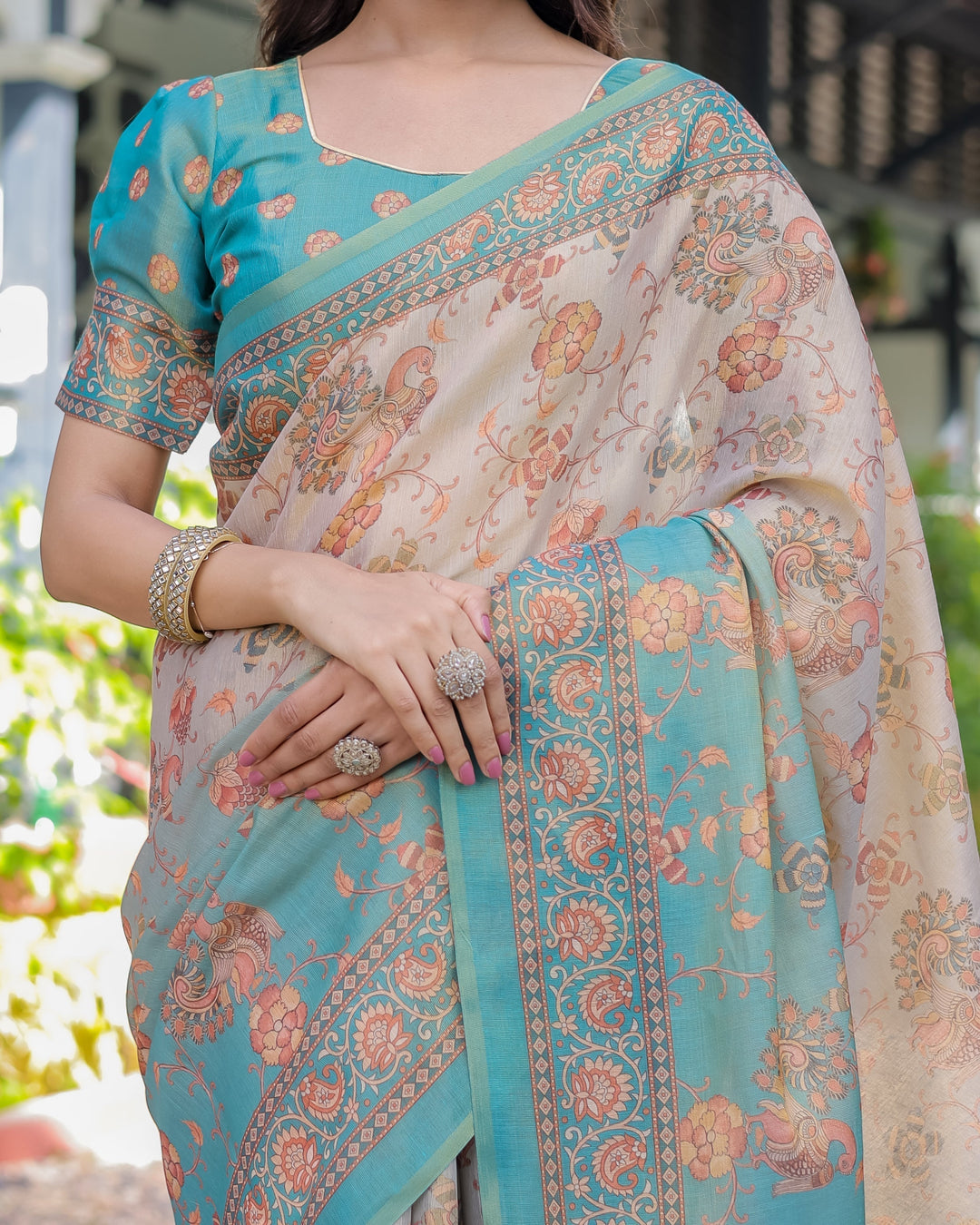 Teal Beige Handloom Cotton Saree with Swan Motif Pallu & Floral Digital Print