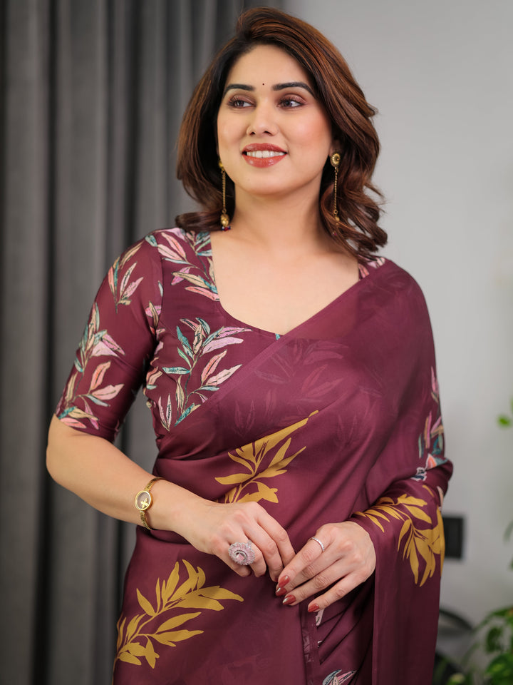 Maroon Floral Satin Georgette Saree with Mustard Leaf Print & Designer Attached Blouse – Soft Elegant Draping Saree