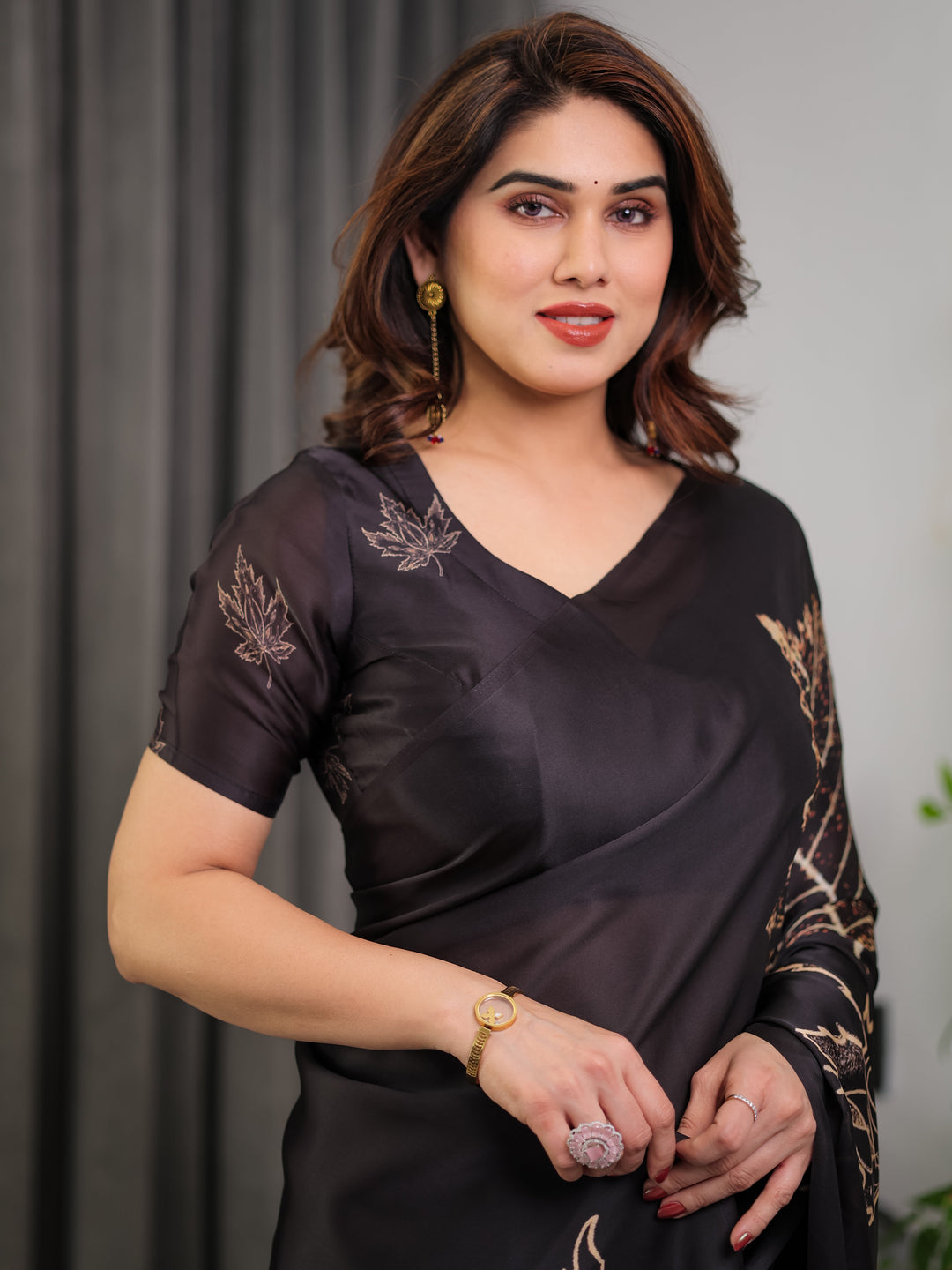 Black Satin Georgette Saree with Gold Leaf Outline Print & Designer Attached Blouse – Elegant Minimal Botanical Saree