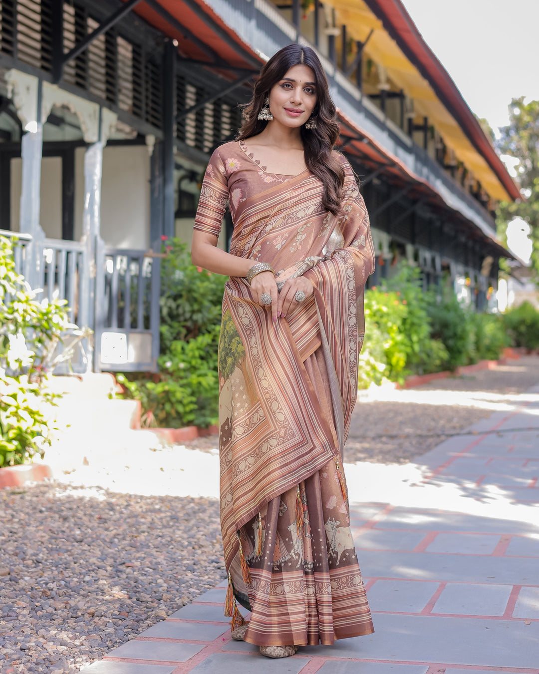 Divine Brown Handloom Cotton Saree with Radha Krishna & Cow Motif – Ethnic Village Charm