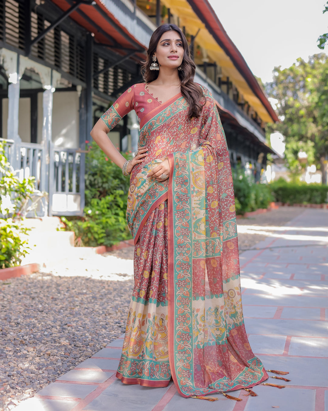 Rust Maroon Handloom Cotton Saree with Folk Procession Pallu & Floral Vine Print