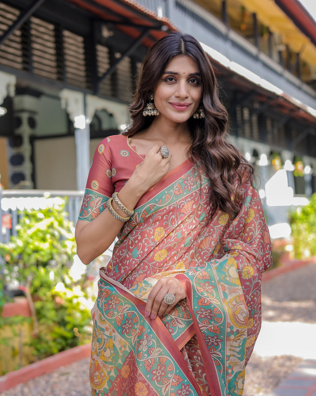 Rust Maroon Handloom Cotton Saree with Folk Procession Pallu & Floral Vine Print