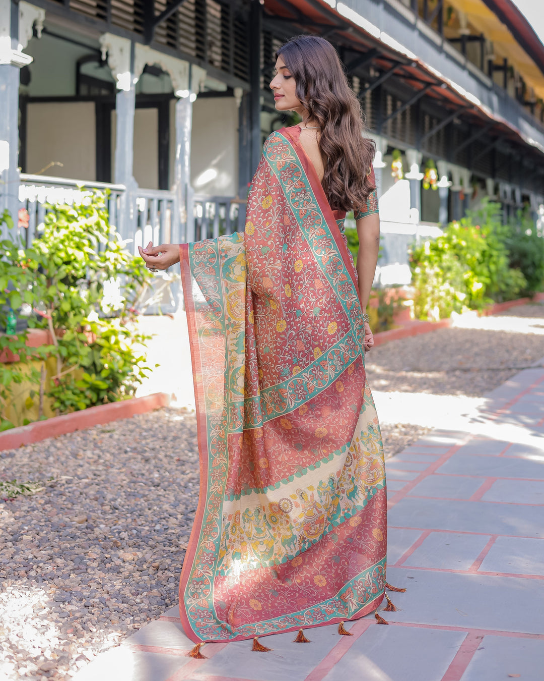 Rust Maroon Handloom Cotton Saree with Folk Procession Pallu & Floral Vine Print
