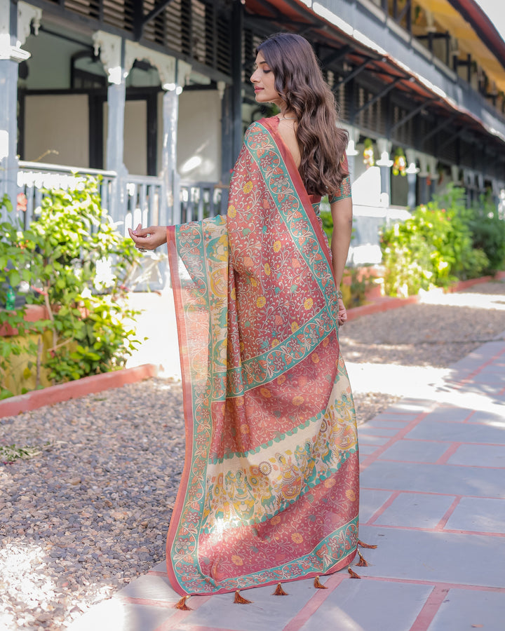 Rust Maroon Handloom Cotton Saree with Folk Procession Pallu & Floral Vine Print